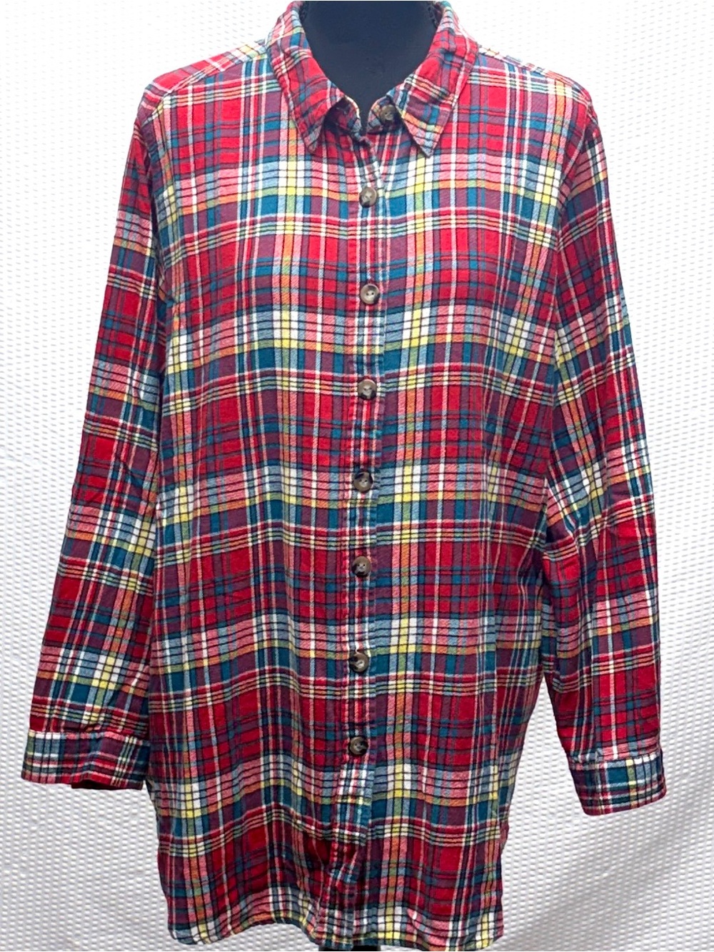 Woman Within 3/4 Sleeve Flannel Shirt 1X Plaid Red Teal Yellow Button Down EUC
